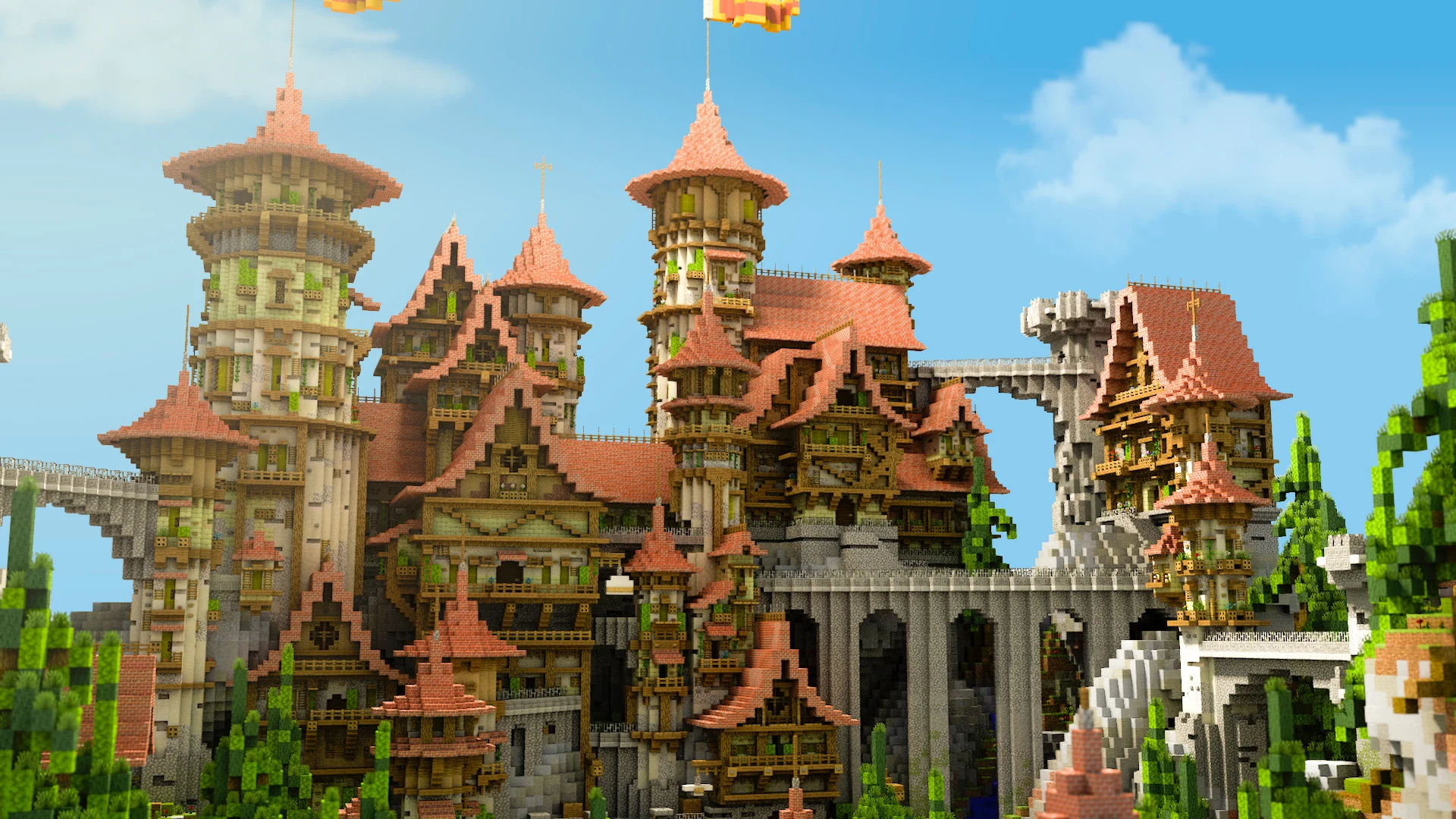 Salmon-roof castle hub — Minecraft build by Ovout